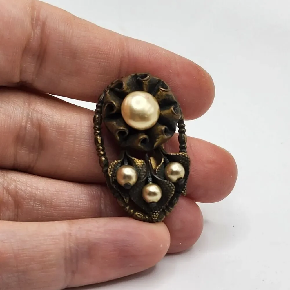 Vintage Antique Ornate Dress Clip Faux Pearls Flowers Antiqued Gold Tone